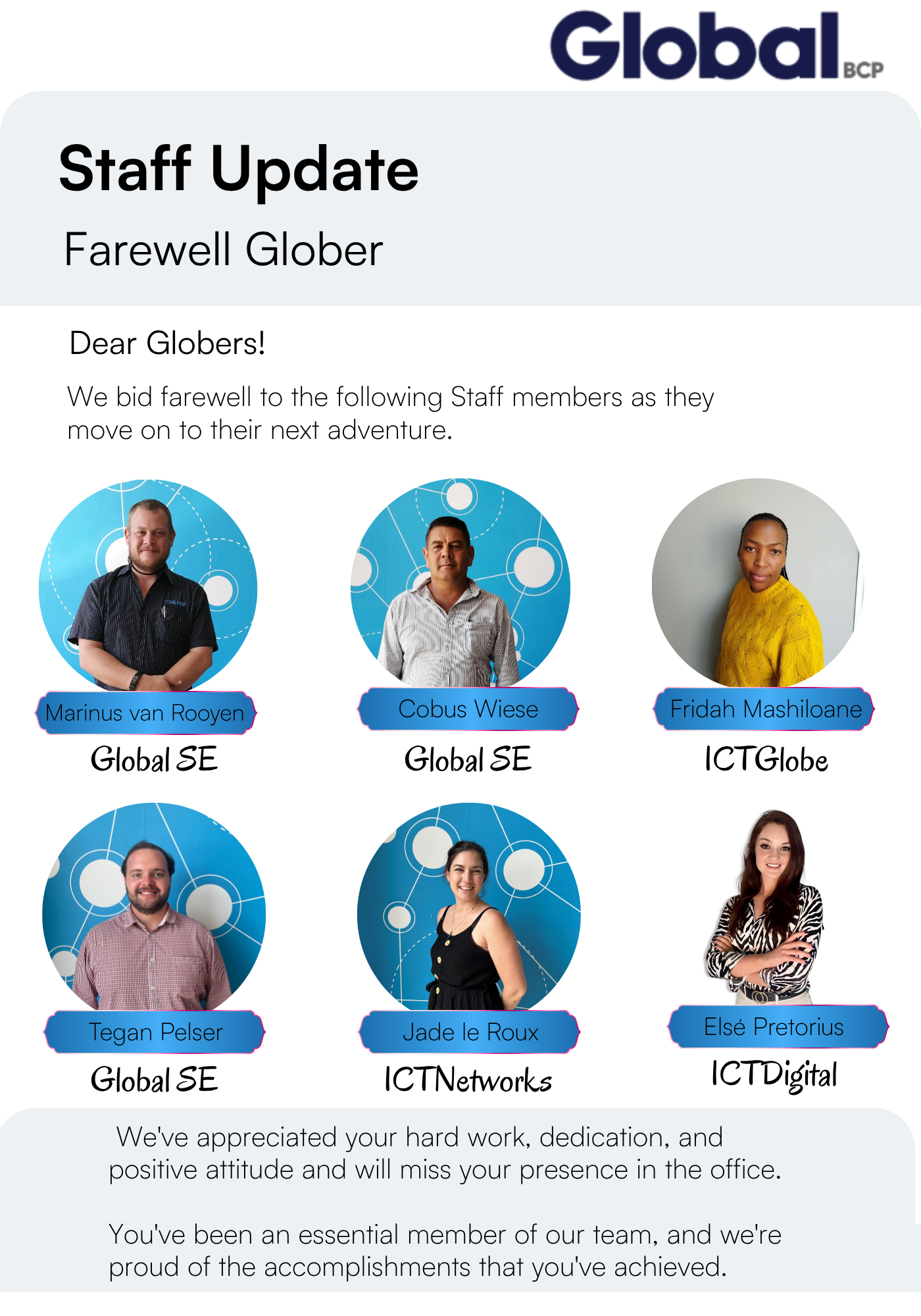 Staff Update — Farewell to Marinus van Rooyen, Cobus Wiese, Fridah Mashiloane, Tegan Pelser, Jade le Roux and Elsé Pretorius